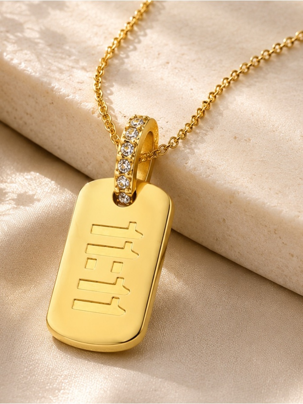 Gold tone Engraved Dog Tag Necklace with Crystal Bail - Women Jewelry